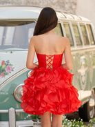 Zafrina | Red - A Line Strapless Corset Ruffles Short Homecoming Dresses with Bows - KissProm