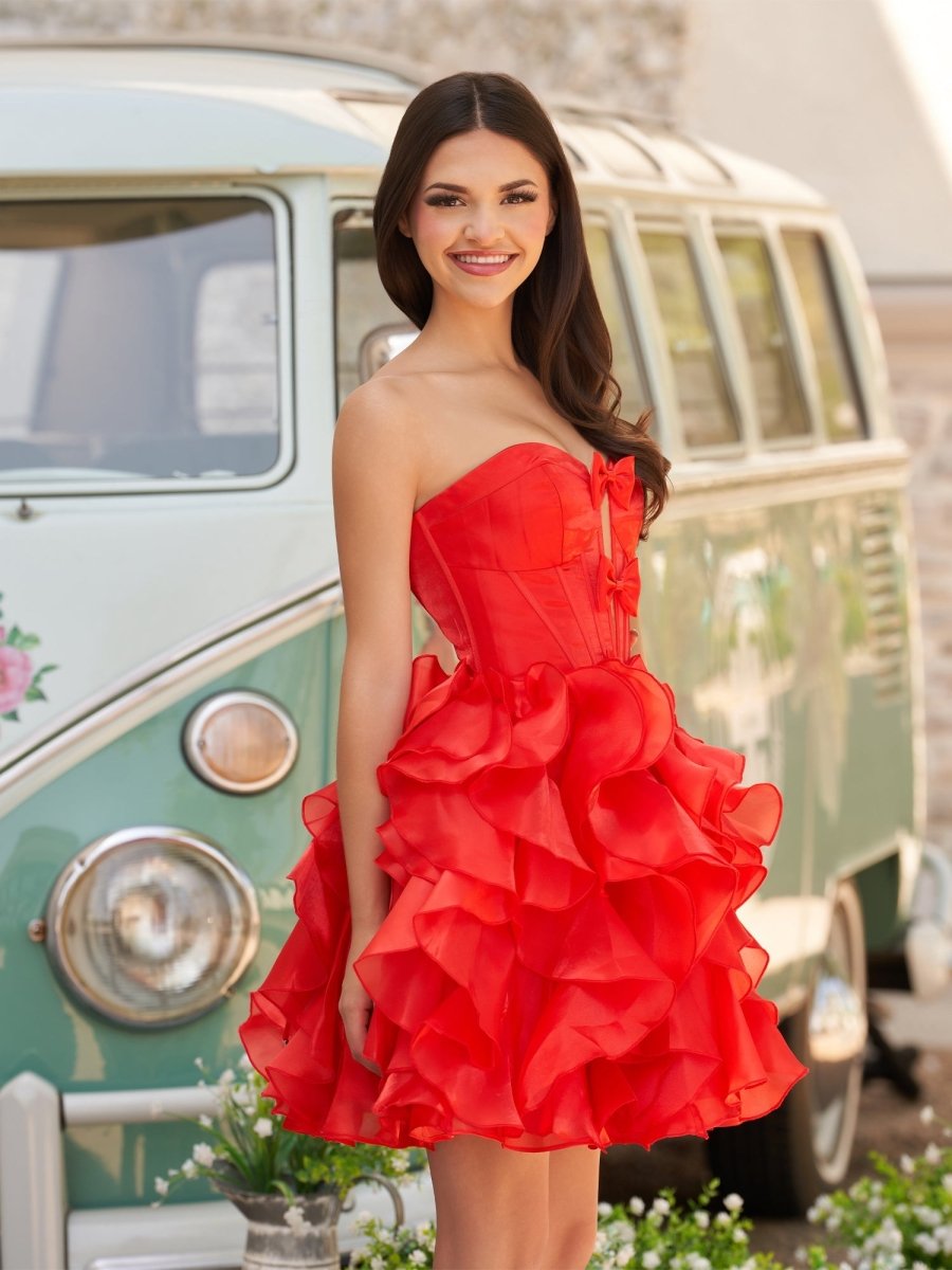 Zafrina | Red - A Line Strapless Corset Ruffles Short Homecoming Dresses with Bows - KissProm
