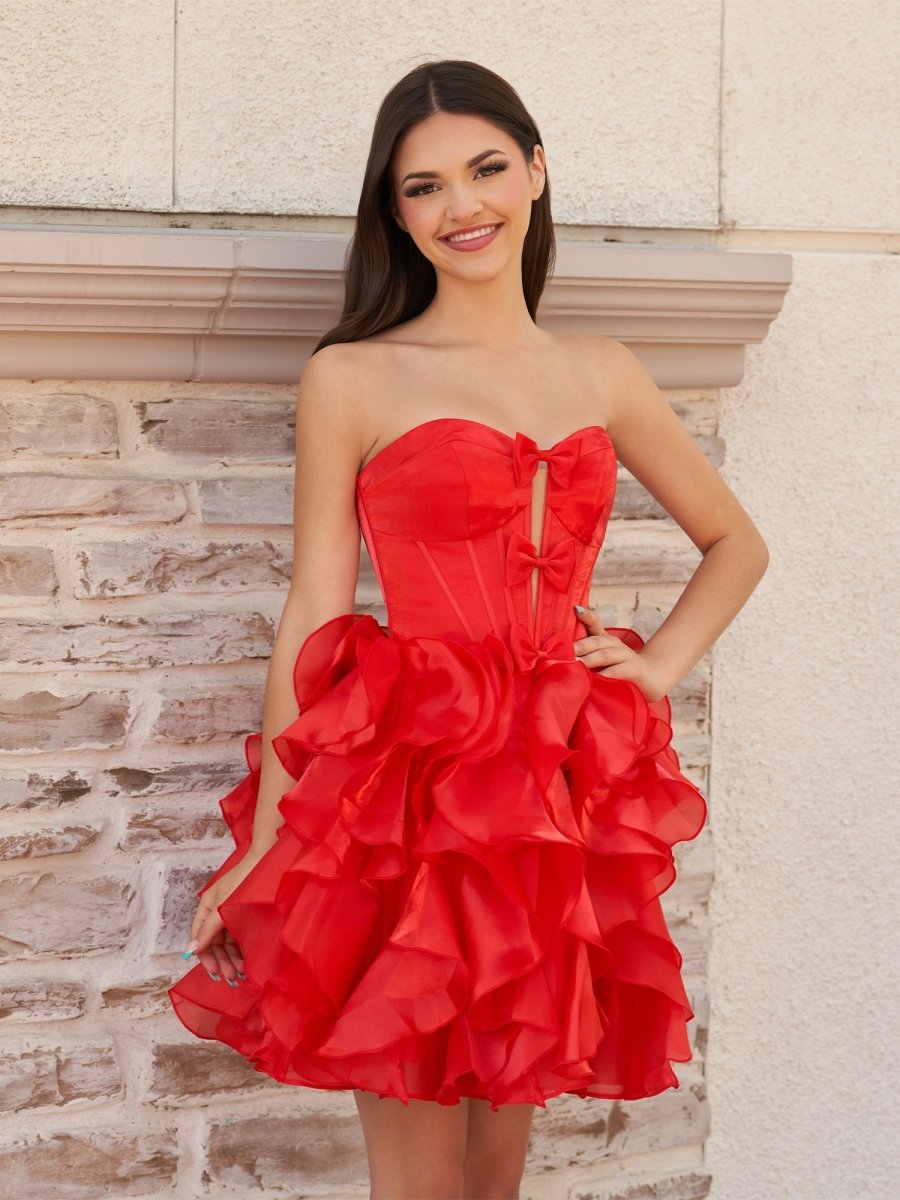 Zafrina | Red - A Line Strapless Corset Ruffles Short Homecoming Dresses with Bows - KissProm
