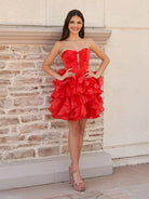 Zafrina | Red - A Line Strapless Corset Ruffles Short Homecoming Dresses with Bows - KissProm