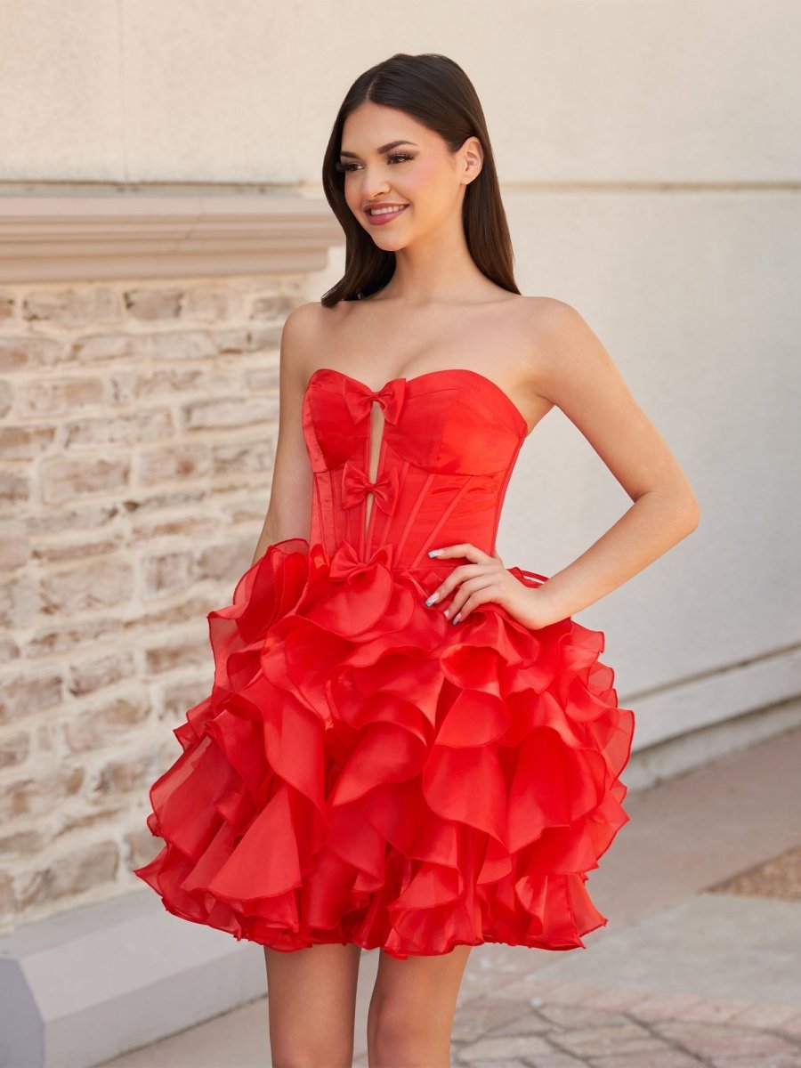 Zafrina | Red - A Line Strapless Corset Ruffles Short Homecoming Dresses with Bows - KissProm