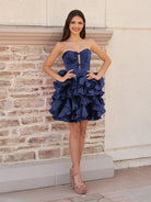 Zafrina | Navy Blue - A Line Strapless Corset Ruffles Short Homecoming Dresses with Bows - KissProm