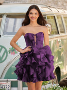 Zafrina | Purple - A Line Strapless Corset Ruffles Short Homecoming Dresses with Bows - KissProm