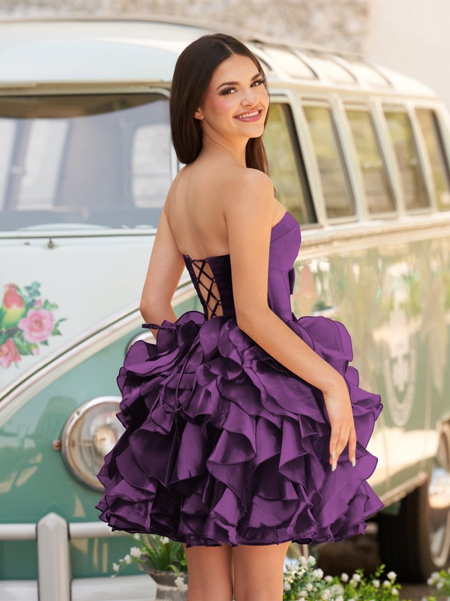 Zafrina | Purple - A Line Strapless Corset Ruffles Short Homecoming Dresses with Bows - KissProm