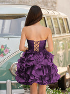 Zafrina | Purple - A Line Strapless Corset Ruffles Short Homecoming Dresses with Bows - KissProm