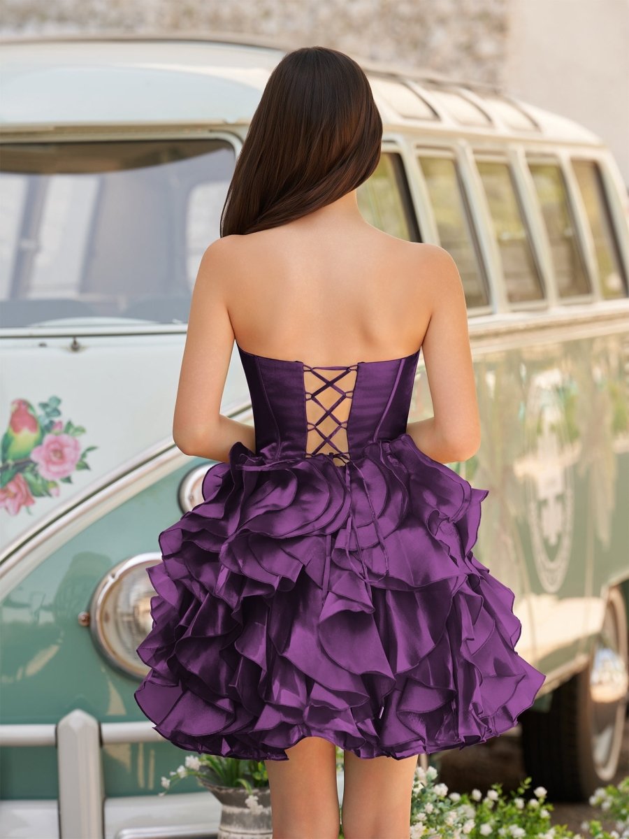 Zafrina | Purple - A Line Strapless Corset Ruffles Short Homecoming Dresses with Bows - KissProm