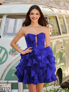 Zafrina | Royal Blue - A Line Strapless Corset Ruffles Short Homecoming Dresses with Bows - KissProm