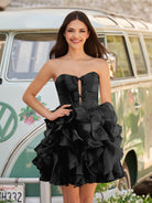 Zafrina | Black - A Line Strapless Corset Ruffles Short Homecoming Dresses with Bows - KissProm