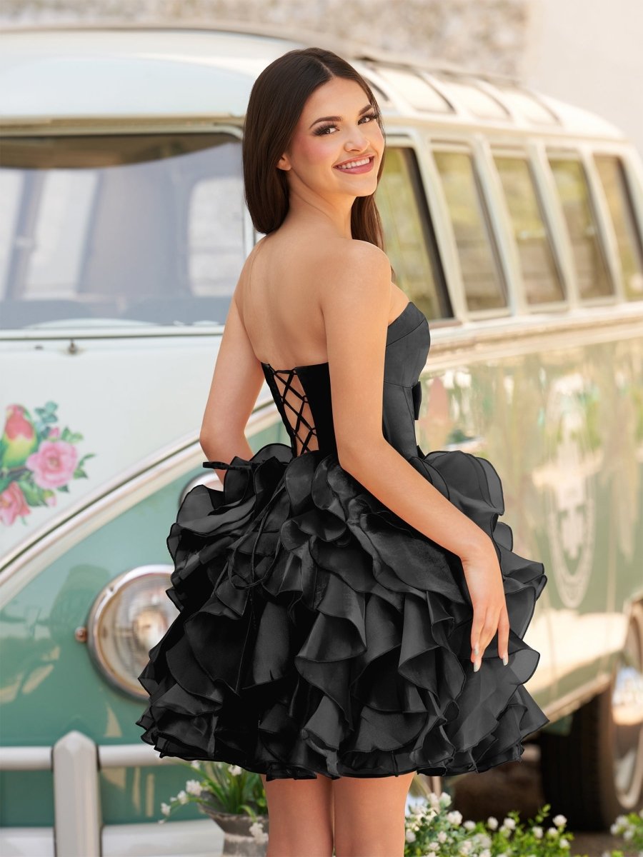 Zafrina | Black - A Line Strapless Corset Ruffles Short Homecoming Dresses with Bows - KissProm