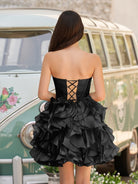 Zafrina | Black - A Line Strapless Corset Ruffles Short Homecoming Dresses with Bows - KissProm