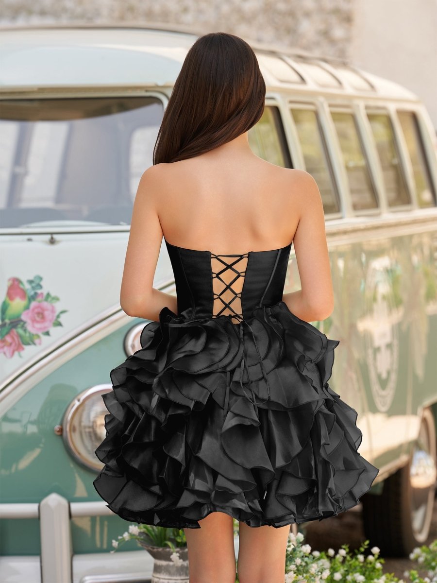 Zafrina | Black - A Line Strapless Corset Ruffles Short Homecoming Dresses with Bows - KissProm