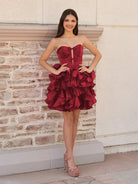 Zafrina | Burgundy - A Line Strapless Corset Ruffles Short Homecoming Dresses with Bows - KissProm