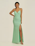 KissDress-Zeryn Pale Pistachio Sheath V Neck Chiffon Long Bridesmaid Dress with Slit