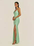 KissDress-Zeryn Pale Pistachio Sheath V Neck Chiffon Long Bridesmaid Dress with Slit
