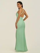 KissDress-Zeryn Pale Pistachio Sheath V Neck Chiffon Long Bridesmaid Dress with Slit