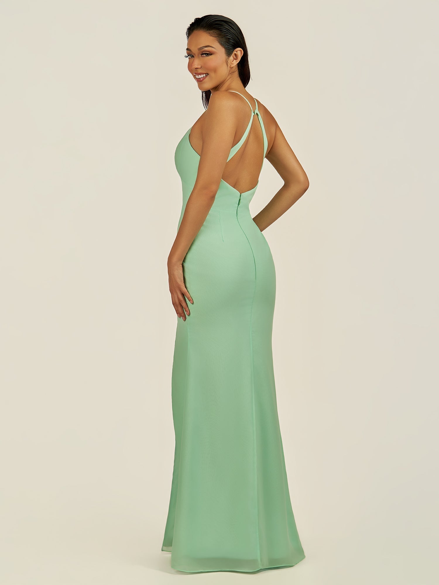 KissDress-Zeryn Pale Pistachio Sheath V Neck Chiffon Long Bridesmaid Dress with Slit