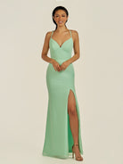 KissDress-Zeryn Pale Pistachio Sheath V Neck Chiffon Long Bridesmaid Dress with Slit