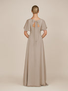 KissDress-Zorina Almond Sheath Chiffon Cap Sleeves V Neck Long Bridesmaid Dress with Slit