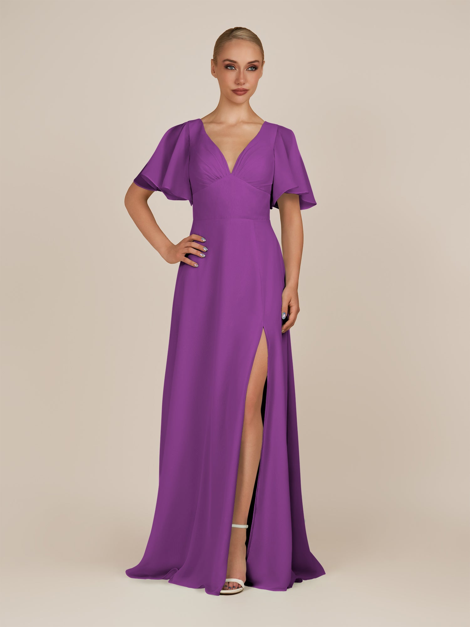 KissDress-Zorina Amethyst Sheath Chiffon Cap Sleeves V Neck Long Bridesmaid Dress with Slit