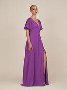 KissDress-Zorina Amethyst Sheath Chiffon Cap Sleeves V Neck Long Bridesmaid Dress with Slit