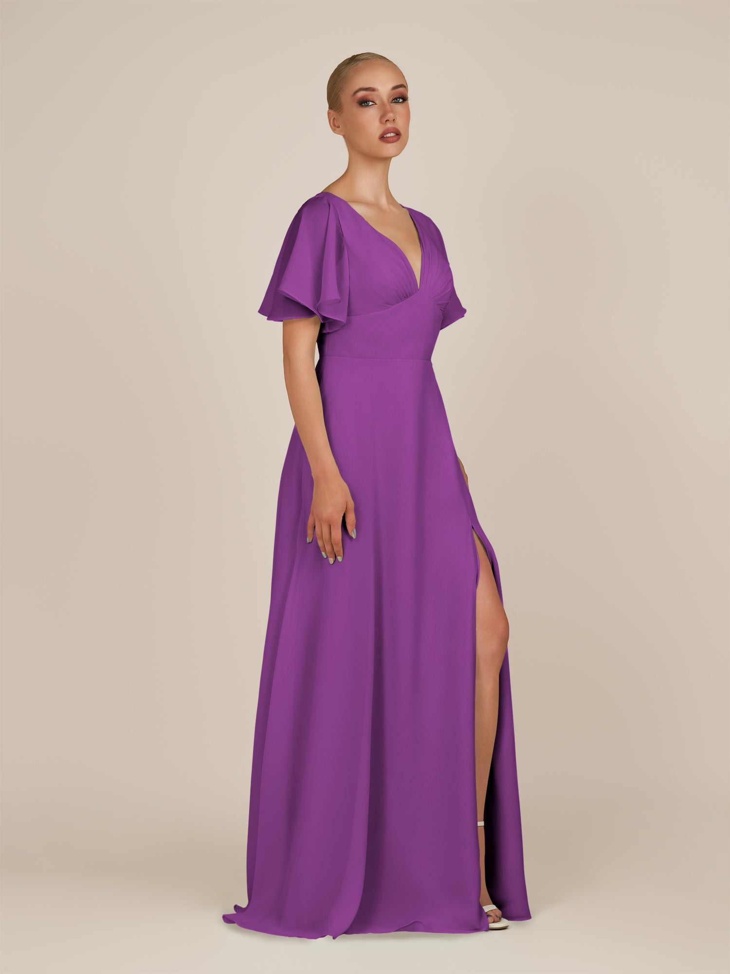 KissDress-Zorina Amethyst Sheath Chiffon Cap Sleeves V Neck Long Bridesmaid Dress with Slit