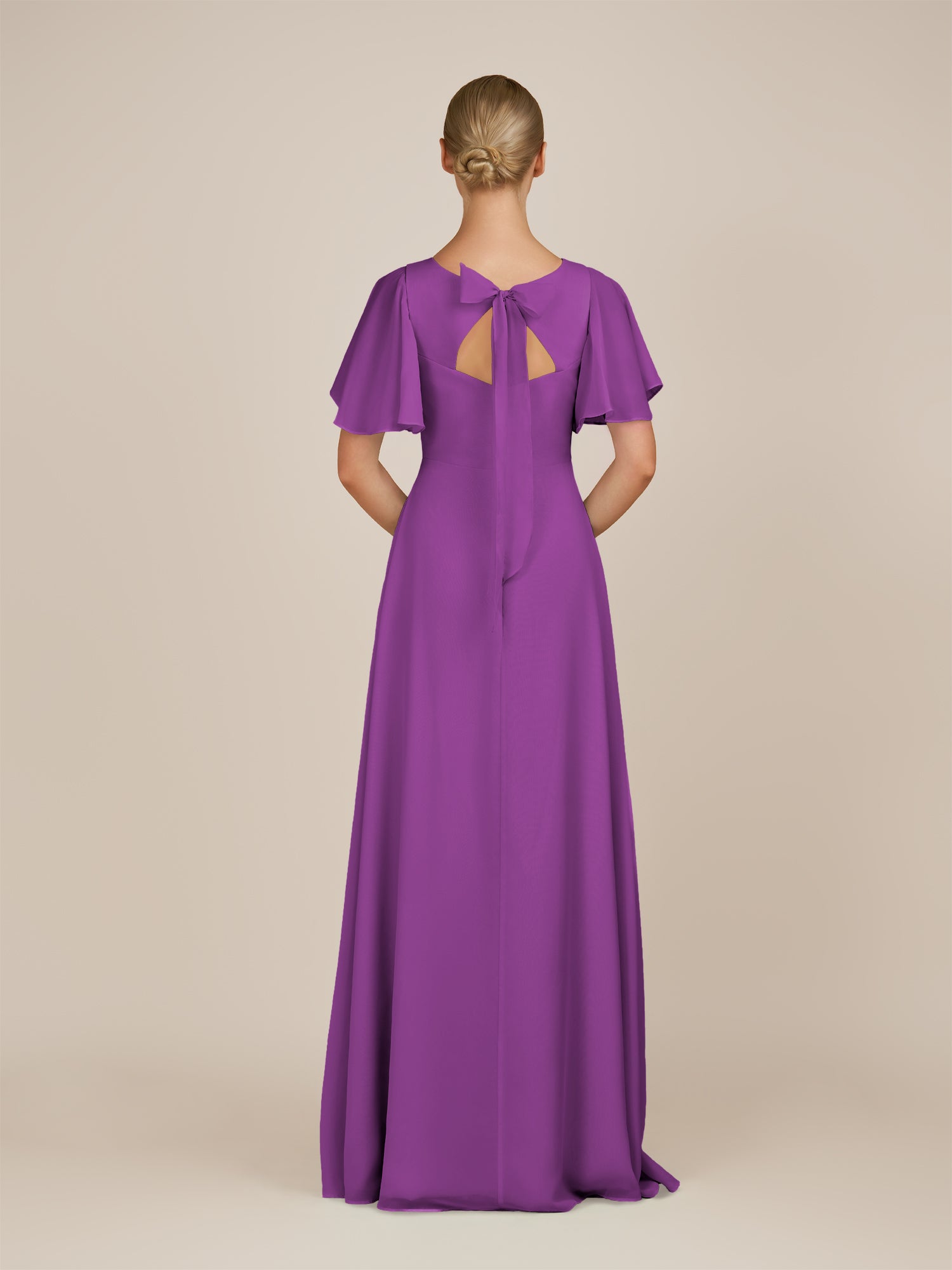 KissDress-Zorina Amethyst Sheath Chiffon Cap Sleeves V Neck Long Bridesmaid Dress with Slit