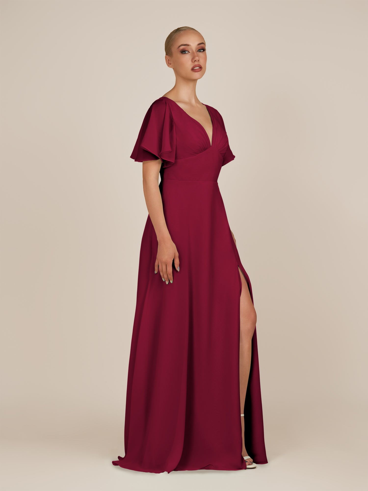 KissDress-Zorina Berry Sheath Chiffon Cap Sleeves V Neck Long Bridesmaid Dress with Slit