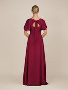 KissDress-Zorina Berry Sheath Chiffon Cap Sleeves V Neck Long Bridesmaid Dress with Slit