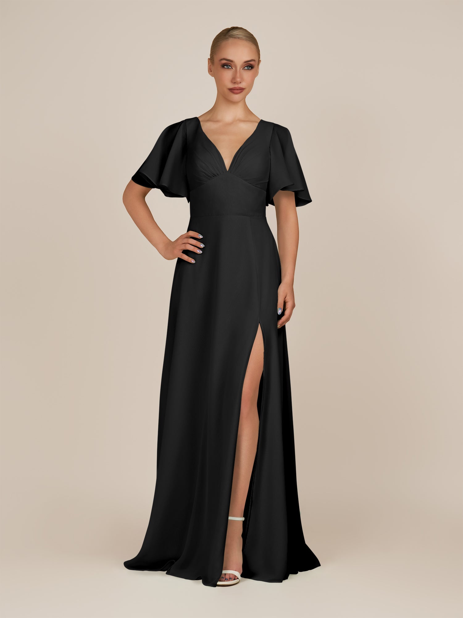 KissDress-Zorina Black Sheath Chiffon Cap Sleeves V Neck Long Bridesmaid Dress with Slit