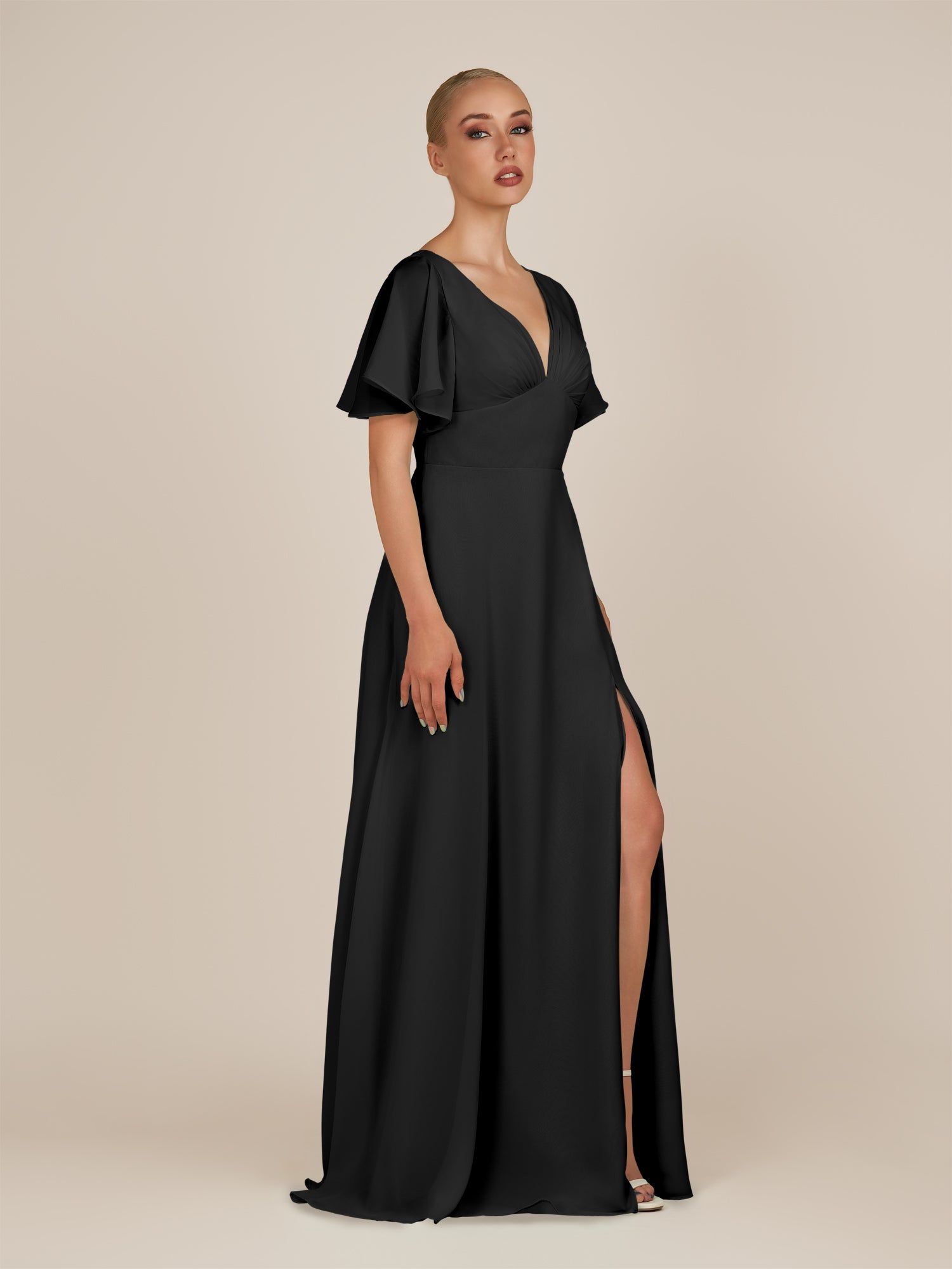 KissDress-Zorina Black Sheath Chiffon Cap Sleeves V Neck Long Bridesmaid Dress with Slit