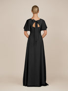 KissDress-Zorina Black Sheath Chiffon Cap Sleeves V Neck Long Bridesmaid Dress with Slit