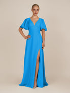 KissDress-Zorina Blue Jay Sheath Chiffon Cap Sleeves V Neck Long Bridesmaid Dress with Slit