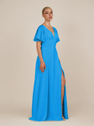 KissDress-Zorina Blue Jay Sheath Chiffon Cap Sleeves V Neck Long Bridesmaid Dress with Slit