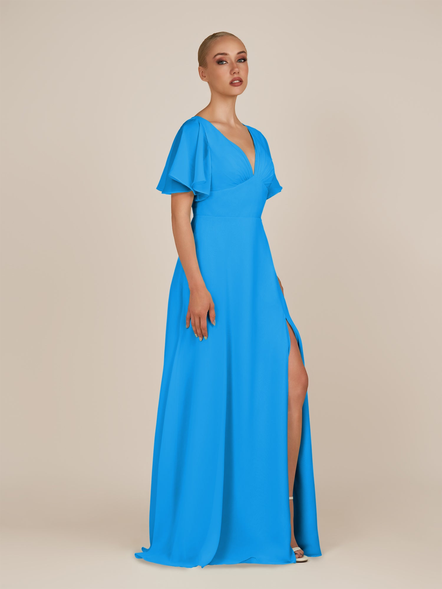 KissDress-Zorina Blue Jay Sheath Chiffon Cap Sleeves V Neck Long Bridesmaid Dress with Slit
