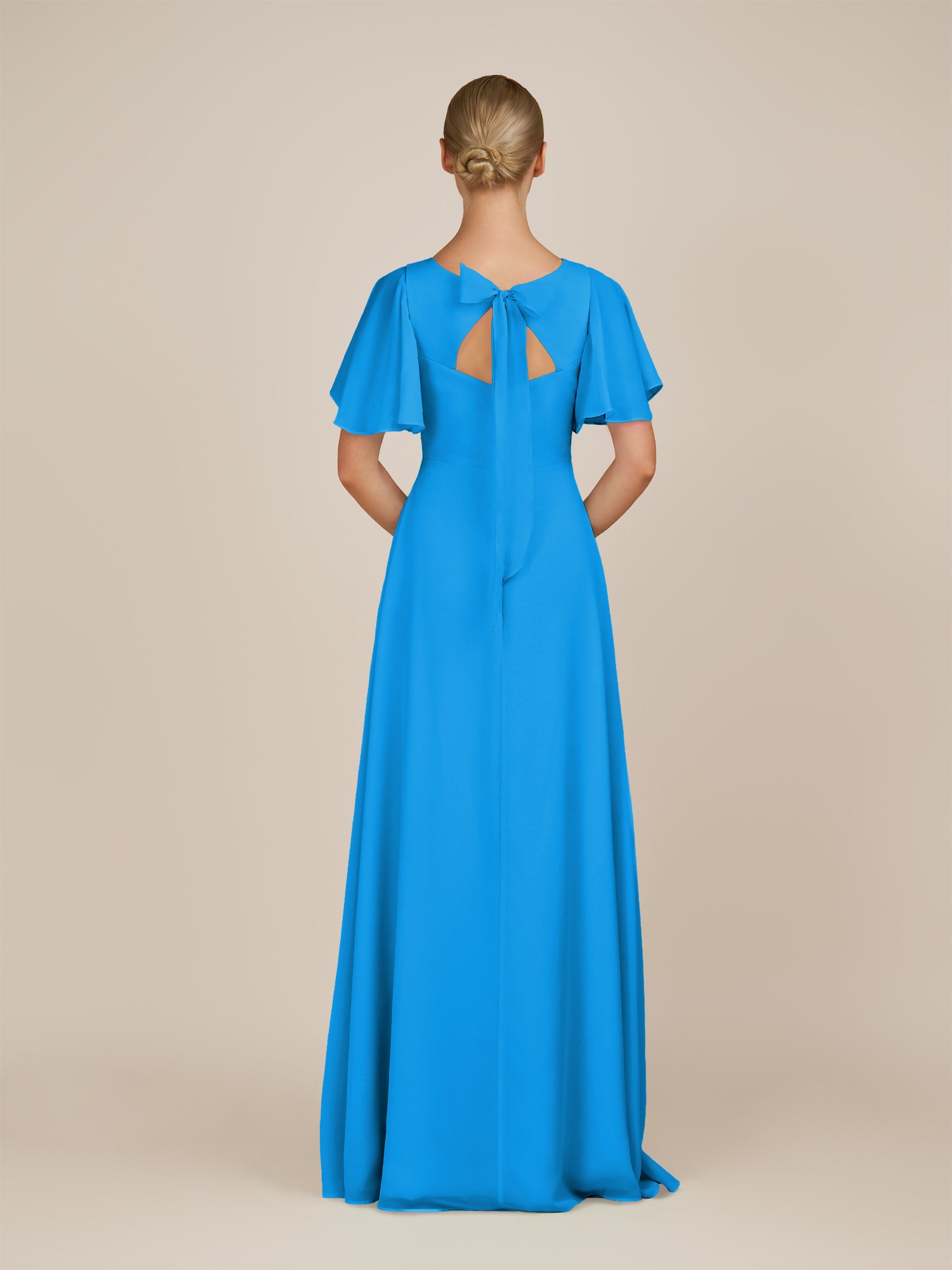 KissDress-Zorina Blue Jay Sheath Chiffon Cap Sleeves V Neck Long Bridesmaid Dress with Slit