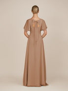KissDress-Zorina Bronzer Sheath Chiffon Cap Sleeves V Neck Long Bridesmaid Dress with Slit