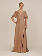 KissDress-Zorina Bronzer Sheath Chiffon Cap Sleeves V Neck Long Bridesmaid Dress with Slit