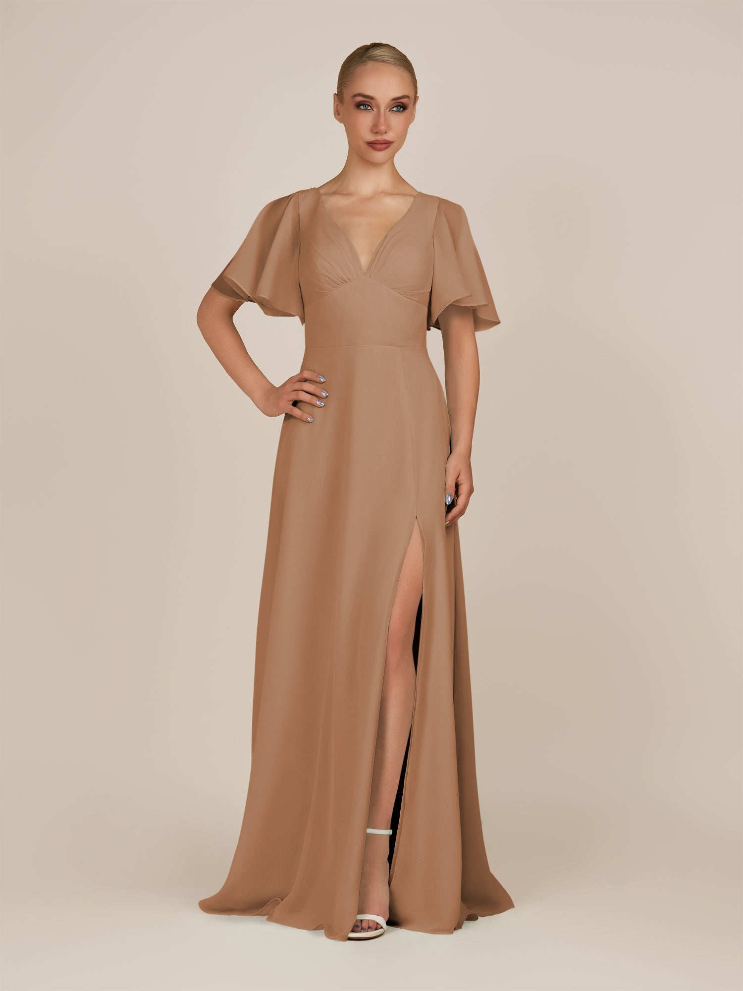 KissDress-Zorina Bronzer Sheath Chiffon Cap Sleeves V Neck Long Bridesmaid Dress with Slit