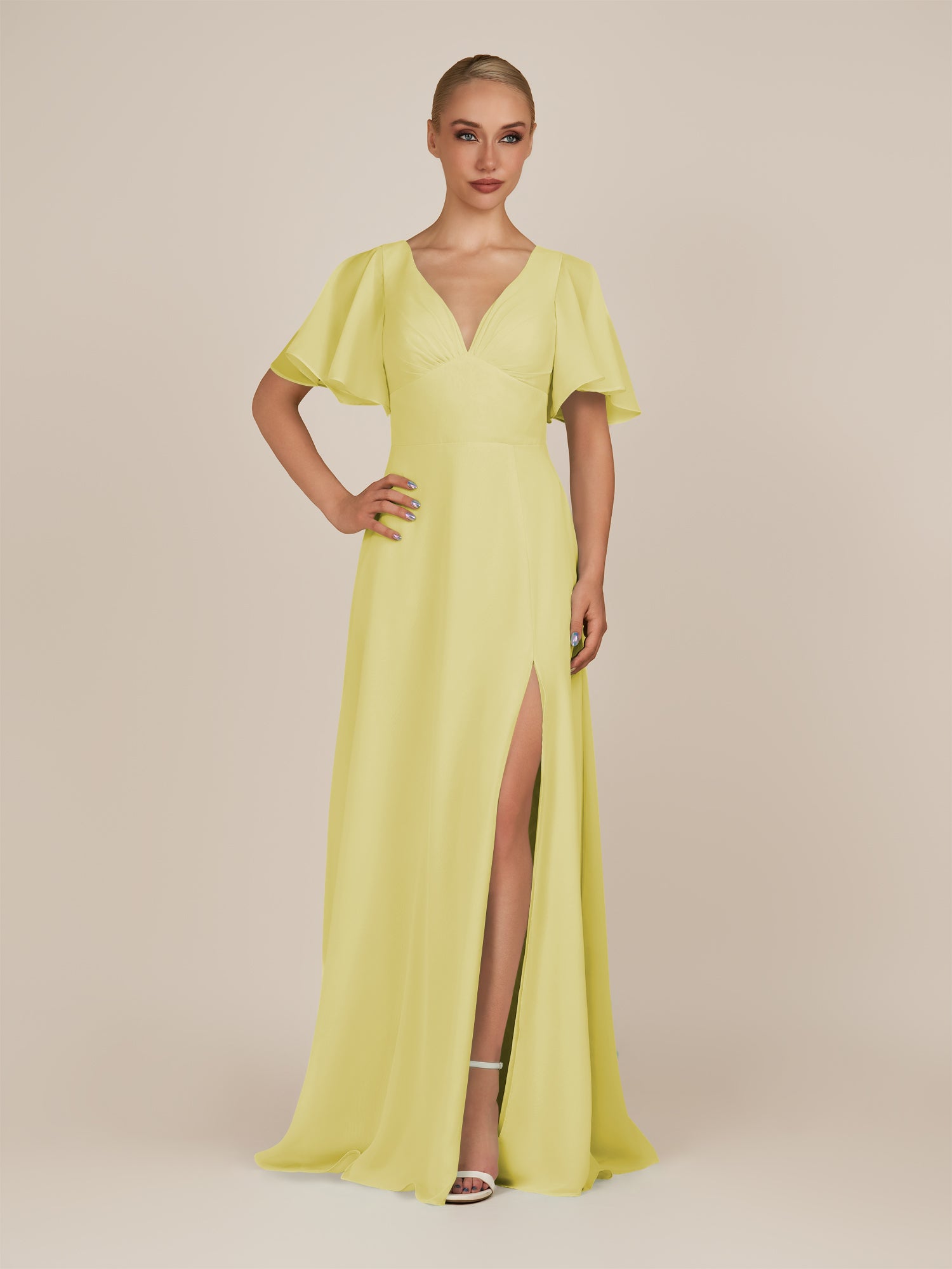 KissDress-Zorina Buttercup Sheath Chiffon Cap Sleeves V Neck Long Bridesmaid Dress with Slit