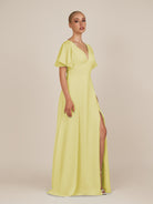 KissDress-Zorina Buttercup Sheath Chiffon Cap Sleeves V Neck Long Bridesmaid Dress with Slit