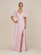 KissDress-Zorina Candy Pink Sheath Chiffon Cap Sleeves V Neck Long Bridesmaid Dress with Slit