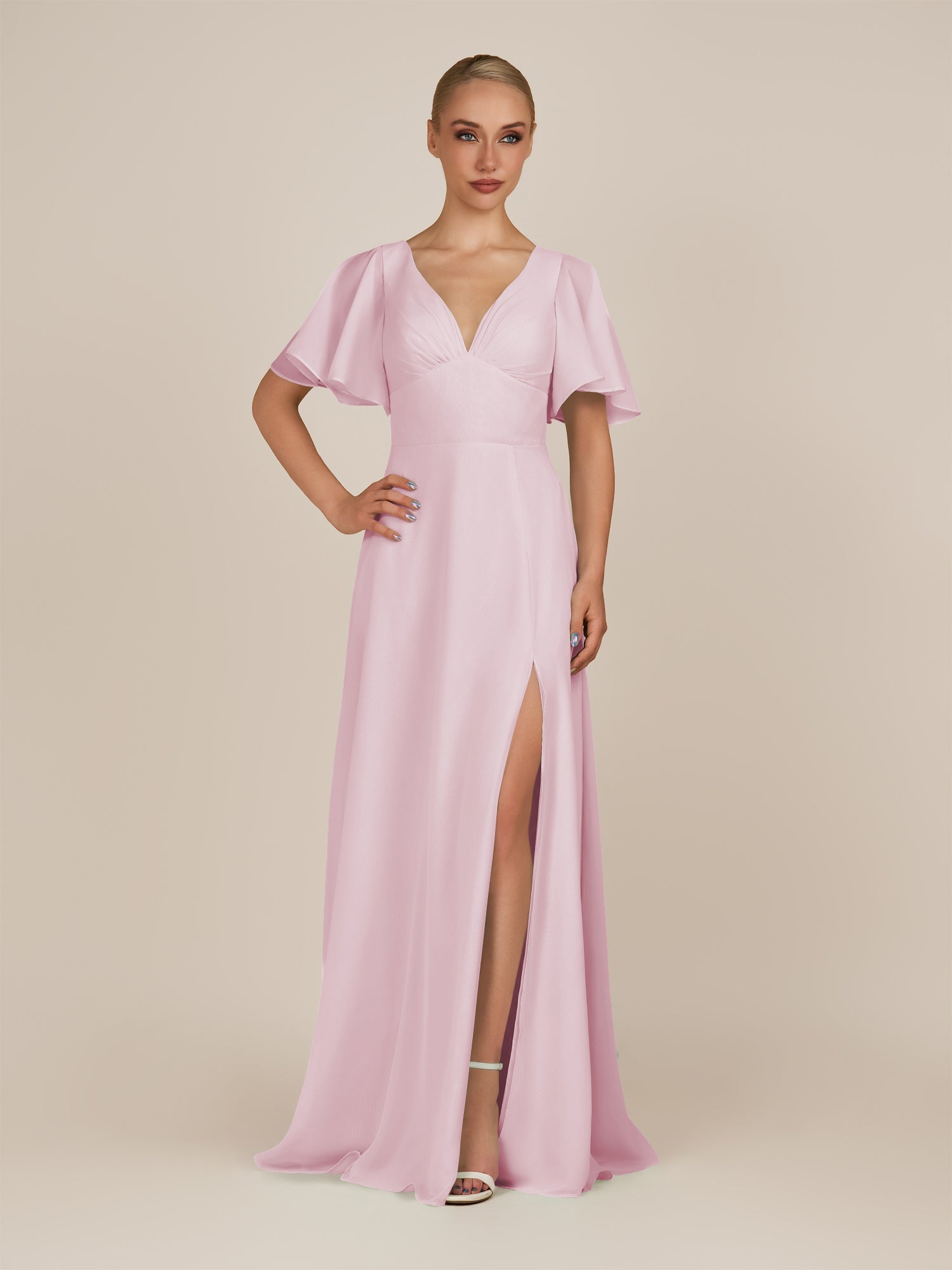 KissDress-Zorina Candy Pink Sheath Chiffon Cap Sleeves V Neck Long Bridesmaid Dress with Slit