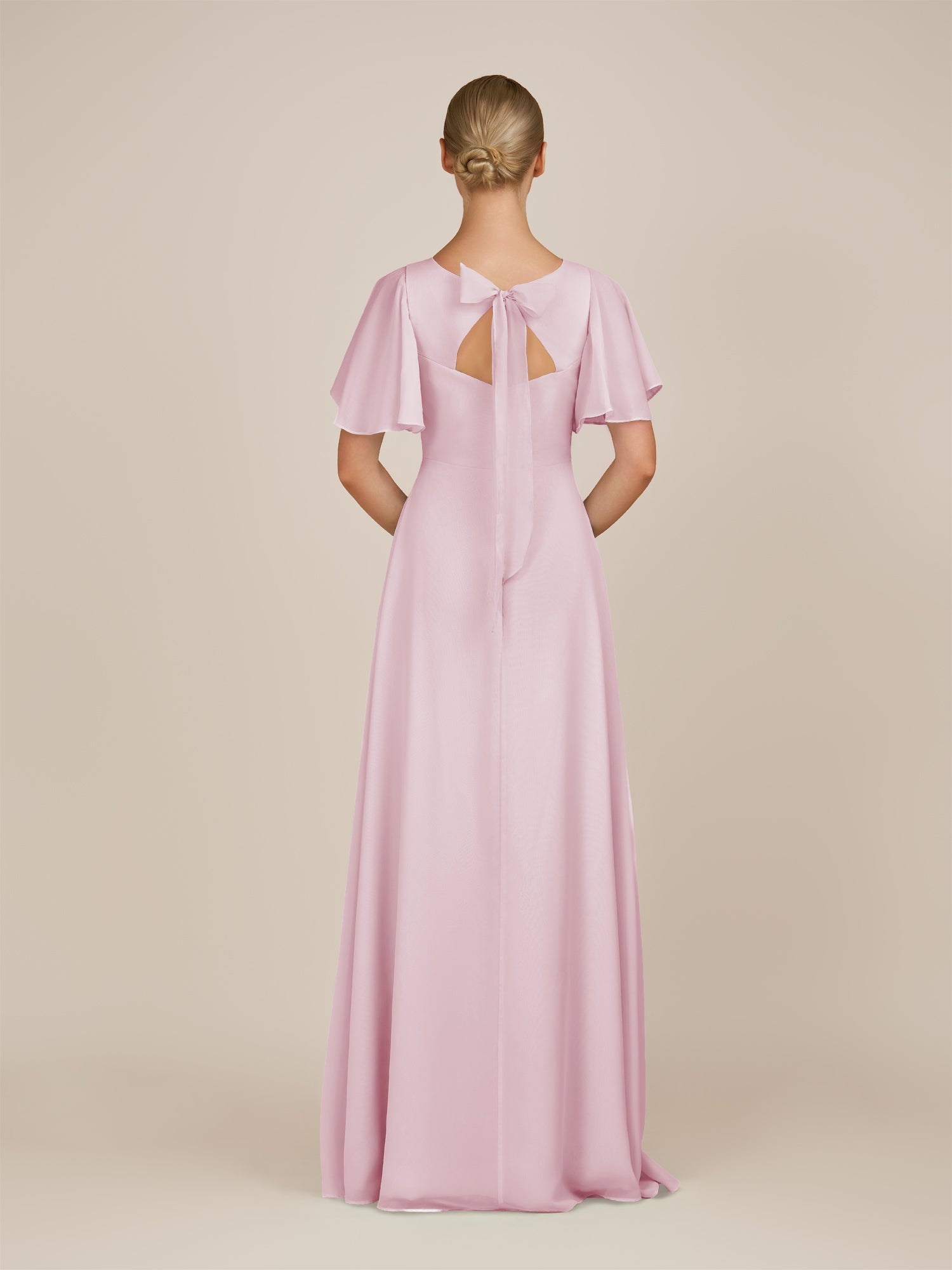 KissDress-Zorina Candy Pink Sheath Chiffon Cap Sleeves V Neck Long Bridesmaid Dress with Slit