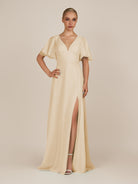 KissDress-Zorina Champagne Sheath Chiffon Cap Sleeves V Neck Long Bridesmaid Dress with Slit
