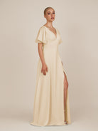 KissDress-Zorina Champagne Sheath Chiffon Cap Sleeves V Neck Long Bridesmaid Dress with Slit