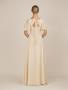 KissDress-Zorina Champagne Sheath Chiffon Cap Sleeves V Neck Long Bridesmaid Dress with Slit