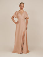 KissDress-Zorina Champagne Rose Sheath Chiffon Cap Sleeves V Neck Long Bridesmaid Dress with Slit