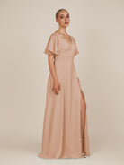 KissDress-Zorina Champagne Rose Sheath Chiffon Cap Sleeves V Neck Long Bridesmaid Dress with Slit