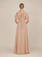KissDress-Zorina Champagne Rose Sheath Chiffon Cap Sleeves V Neck Long Bridesmaid Dress with Slit