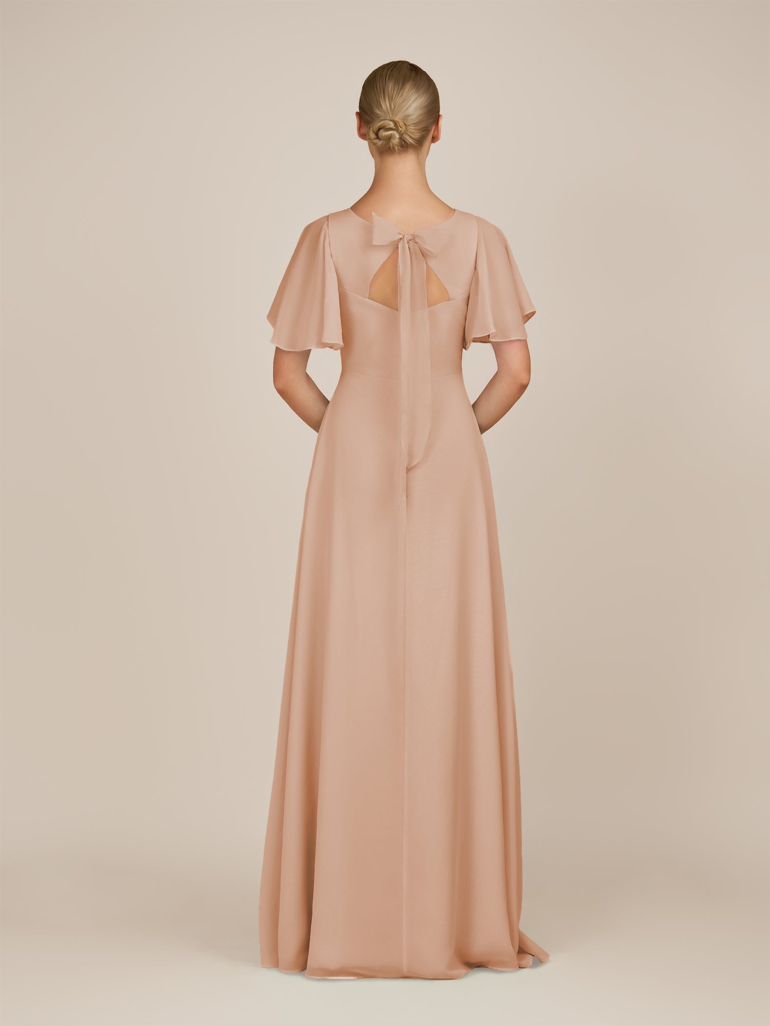 KissDress-Zorina Champagne Rose Sheath Chiffon Cap Sleeves V Neck Long Bridesmaid Dress with Slit